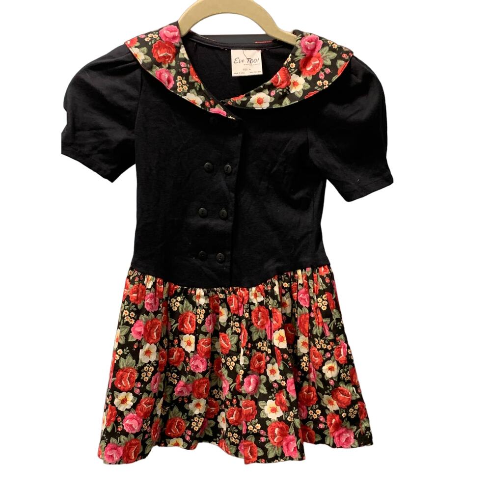 Eve Too Vintage 1950's Floral Pea Coat Flowy Girl T-Shirt Dress Black Size 6